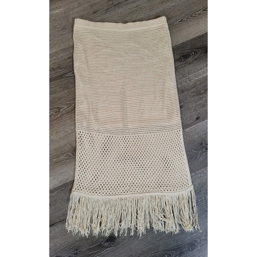 New Beige Crochet Knit Fringed Hippie Boho Beach Pull On Midi Skirt L